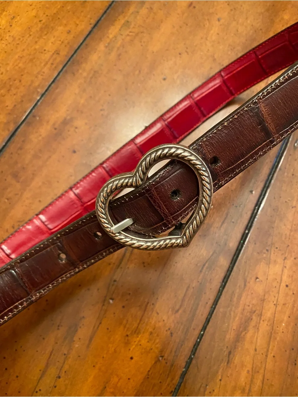 Brighton Heart Buckle Leather Reversible Crock Embossed Belt. Brown and Red M/L